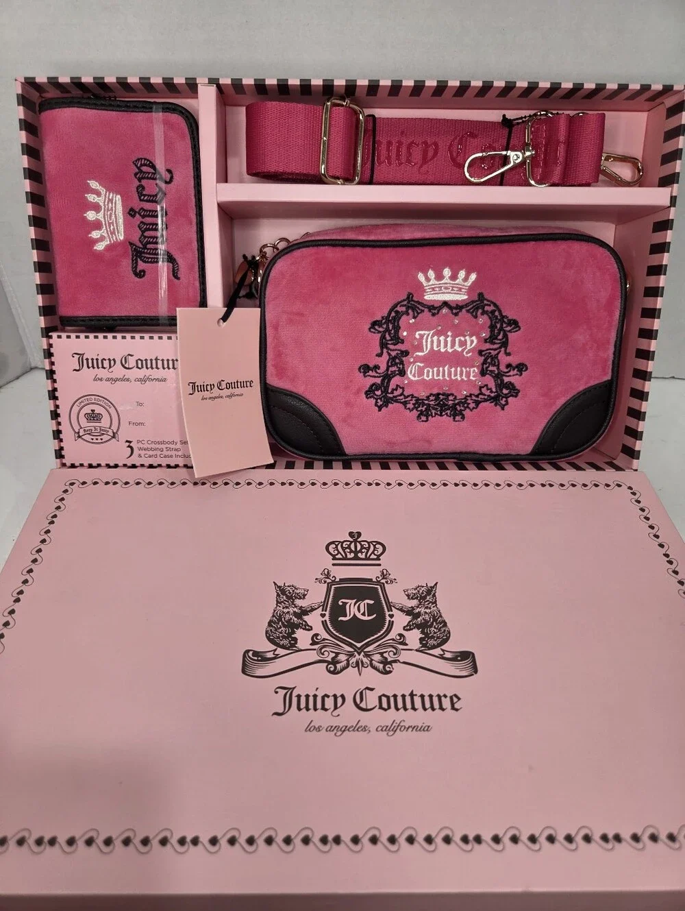Juicy Couture Pink Suede Crossbody Set with Black Trim